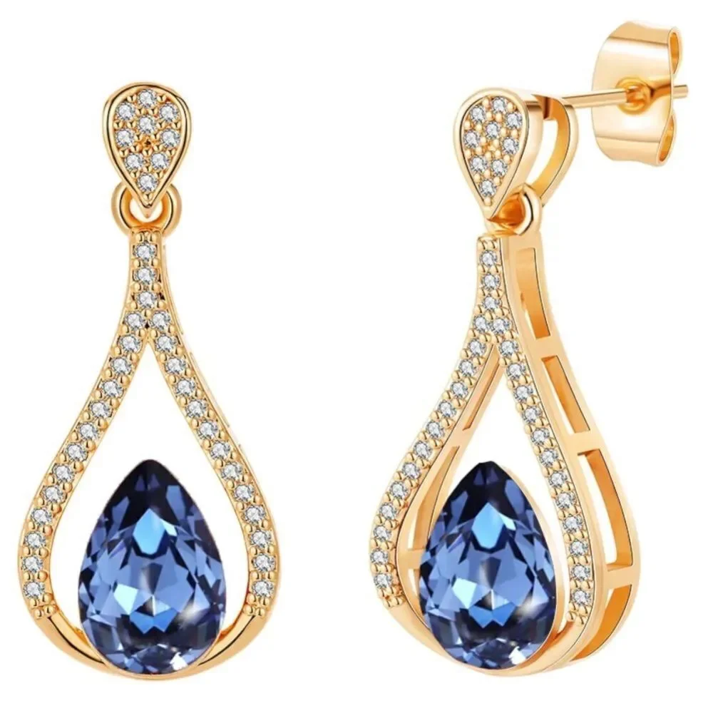 14K Yellow Gold with Blue Sapphire Austrian Crystal Halo Teardrop Post Earrings